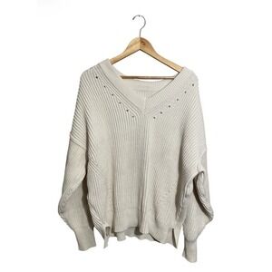 Aerie Cable Knit Sweater Oversized Women's Medium V-Neck Soft White NWT